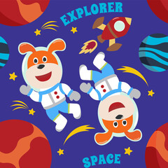 Vector seamless pattern with cute  little astronaut, rocket and stars. Creative vector childish background for fabric, textile, nursery wallpaper, poster, brochure. Vector illustration background.