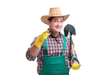 Young man gardener isolated on white