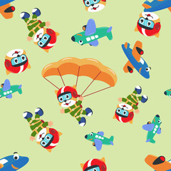 Obraz na płótnie Canvas Seamless vector pattern with skydiver monkey, parachute and planes. Design concept for kids textile print, nursery wallpaper, wrapping paper. Cute funny background.