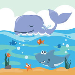 Fototapeta na wymiar Diving with funny whale and shark with cartoon style. Creative vector childish background for fabric, textile, nursery wallpaper, poster, card, brochure. vector illustration background.
