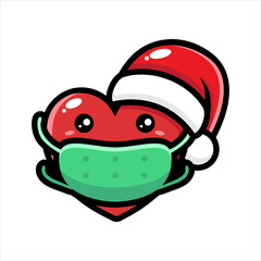 cute heart character wearing a mask using a santa hat