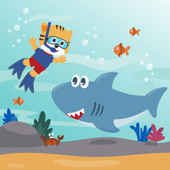 Diving with funny cat and shark with cartoon style. Creative vector childish background for fabric, textile, nursery wallpaper, poster, card, brochure. vector illustration background.