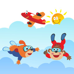 Vector illustration of a cute skydiver monkey and dog . with cartoon style. Creative vector childish background for fabric textile, nursery wallpaper, poster, card, brochure. vector illustration