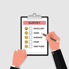 Survey form with pencil vector illustration. Hand holding and fill check list on paper sheet clipboard with smiley symbol vector illustration.