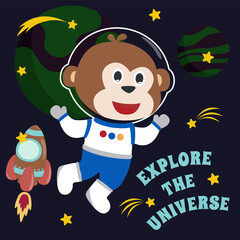 Space monkey or astronaut in a space suit with cartoon style. Can be used for t-shirt print, kids wear fashion design, invitation card. fabric, textile, nursery wallpaper, poster and other decoration.