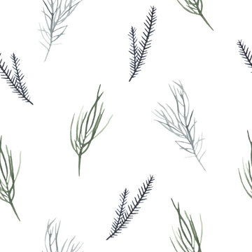 Christmas fir, pine branches in green and blue watercolor seamless winter pattern