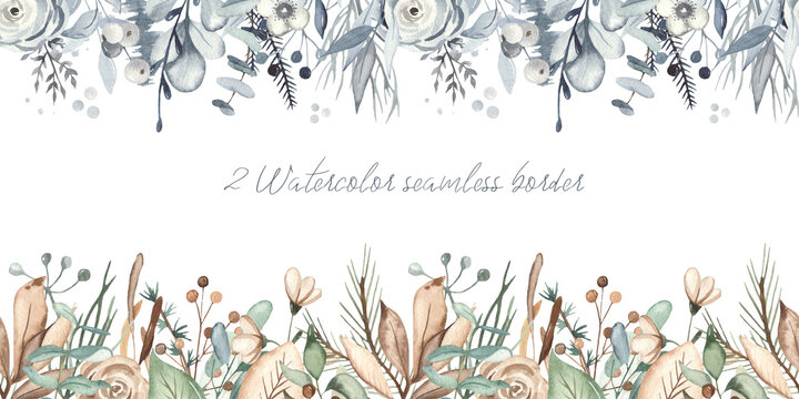 Christmas winter plants, berries, branches, flowers, pine, spruce branches, foliage watercolor seamless border
