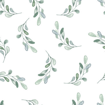 Christmas plants, leaves branches in green watercolor seamless winter pattern