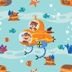 seamless texture with little monkey and bear driving submarine, For fabric textile, nursery, baby clothes, background, textile, wrapping paper and other decoration.