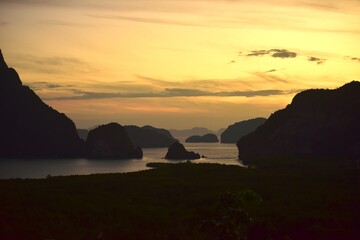 Sea view There are many islands in the early morning, the sky is beautiful golden yellow light.