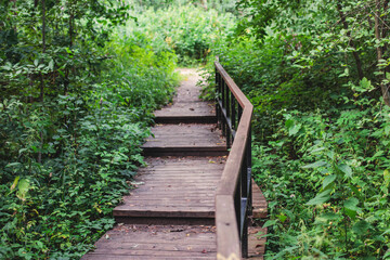 Obraz premium Aerial summer view of West Kotlin state nature reserve, ecological path trail with bird watching tower, Kotlin island, Kronstadt, Saint-Peterburg, Russia