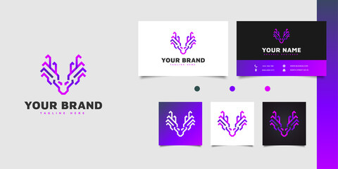 Modern deer head logo design with line concept in blue and purple gradient
