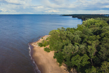 Aerial summer view of West Kotlin state nature reserve, ecological path trail with bird watching tower, Kotlin island, Kronstadt, Saint-Peterburg, Russia