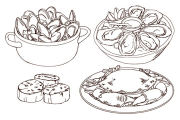 Seafood Collection, mussels, oysters, scallop, chilli mud crab