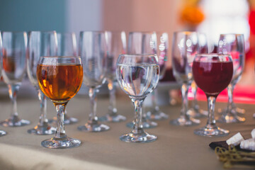 Beautifully decorated catering banquet table with different food snacks and appetizers on corporate christmas birthday party event or wedding celebration