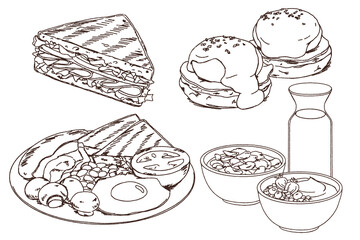 Breakfast Collection, hand drawn doodle, sandwich, eggs benedict, full English breakfast, cereal