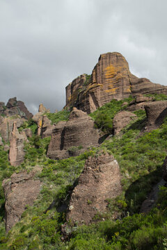 Geology. View of the mountains, green forest and rock formations called Los Terrones, in Cordoba, Argentina.