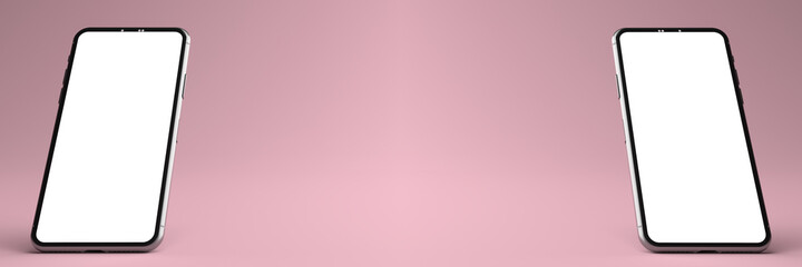 3D rendering. The Smartphone white screen on pink floor, Mobile phone mockup tilted to the ground. Smartphone white screen can be used for commercial advertising, Isolated on pink background.