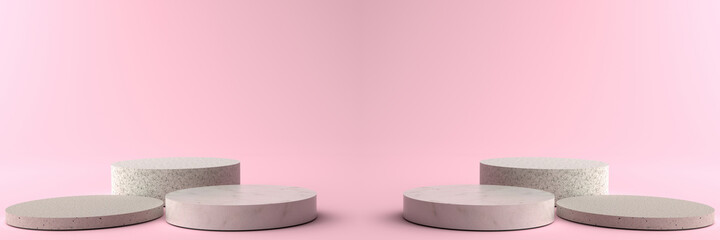3D rendering of Round marble Pedestal, Podium for display product on the pink floor. Pedestal can be used for commercial advertising, Isolated on pink background, Product Presentation, illustration.