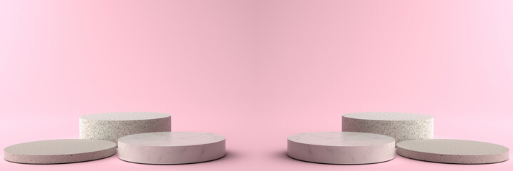 3D rendering of Round marble Pedestal, Podium for display product on the pink floor. Pedestal can be used for commercial advertising, Isolated on pink background, Product Presentation, illustration.