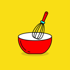 Bowl and whisk vector illustration isolated on yellow background suitable for cooking concept. Linear color style of bowl and whisk icon