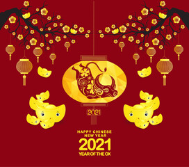 Happy chinese new year 2021 Ox Zodiac sign. Gold ingots, gold cherry blossom background horizontal banner for Chinese New Year 2021 of the Ox