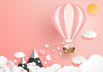 Cute hot air balloons decorated with baskets have paper hearts pink and white rising on the clouds and top mountain. Illustration of love for decoration Valentine's Day, Holiday, Celebration. Vector.