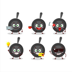 Frying pan cartoon character with various types of business emoticons