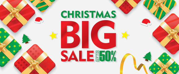 Christmas Big Sale Banners White Background with Gift box and Ribbons Set