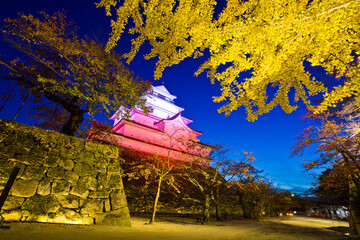Tsuruga castle with light up in Aizu wakamatsu city, Fukushima, Tohoku, Japan.