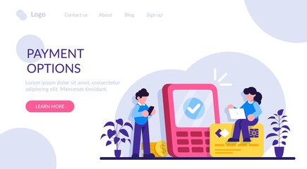Payment options concept. Financial transactions, money operations. cash and cashless, contactless payment. Credit card shopping idea design element. Modern flat illustration.