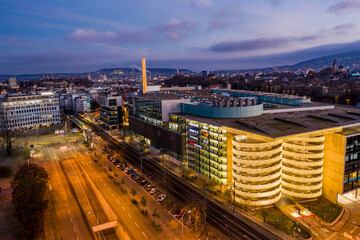 Aerial view of Christmas-lightened zurich