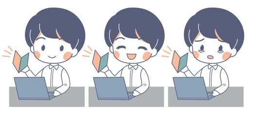 ノートパソコン初心者の男性のイラストセット・ベクター