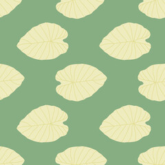 Pastel print with leaves seamless pattern. Outline floral silhouettes in light beige tones on green background.