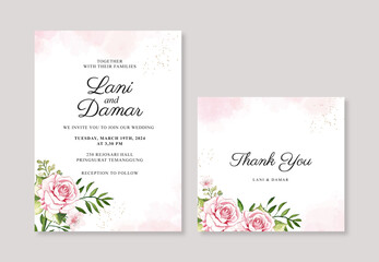 Elegant wedding invitation template with hand painted watercolor flower