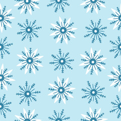 Fototapeta na wymiar Seamless pattern with hand drawn snowflakes on a blue background. Doodle, simple illustration. It can be used for decoration of textile, paper and other surfaces.