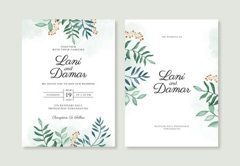 Minimalist wedding invitation template with hand painted watercolor foliage