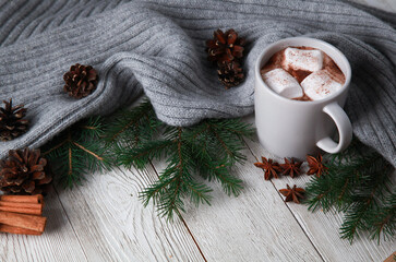 Obraz na płótnie Canvas Hot chocolate, cinnamon, grey plaid, fir tree branches, cones on white wooden table. Winter and Christmas concept. Spicy cocoa, New Year, closeup, copy space, side view