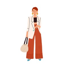 Fashion casual outfit. Modern woman wearing trendy clothes. Fashionable look of stylish female character in loose blazer and wide-leg pants isolated on white background. Flat vector illustration