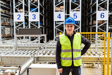 Storehouse employee in uniform working in modern automatic warehouse. Boxes are on the shelves of the warehouse. Warehousing, machinery concept. Logistics in stock.