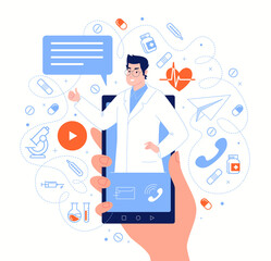 Doctor on smartphone screen in messenger chat. Online medical services, consultations, support. Vector flat cartoon illustration.