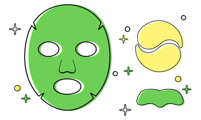 Face mask sheet, eyes and nose patch, skin care icons set. Beauty linear image on white background. Editable vector illustration