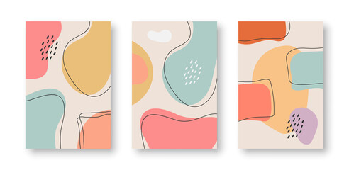 Set of hand drawn abstract backgrounds, posters, various shapes and doodle objects. Contemporary modern trendy vector illustrations in pastel colors.