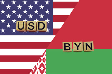 Fototapeta na wymiar American and Belarusian currencies codes on national flags background