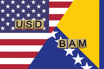 American and Bosnian currencies codes on national flags background