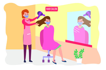 Social distancing vector concept: Barber and customer wearing face mask in hair salon while standing and sitting in front of mirror