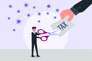 Tax Deduction vector concept: Businessman wearing face mask cutting Tax word with a scissors and coronavirus background