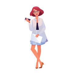 Cartoon office character in flat style. Pretty woman in glasses, with smartphone and paper in hands. Vector illustration