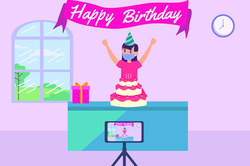 Birthday Vector Concept: Girl wearing face mask and celebrate her birthday alone at home while recording video with a cellphone during coronavirus pandemic