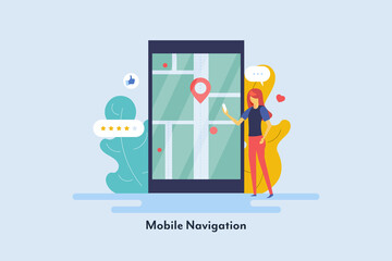 Mobile navigation service, mobile app with map, woman with smartphone using gps technology, flat design vector illustration. 
